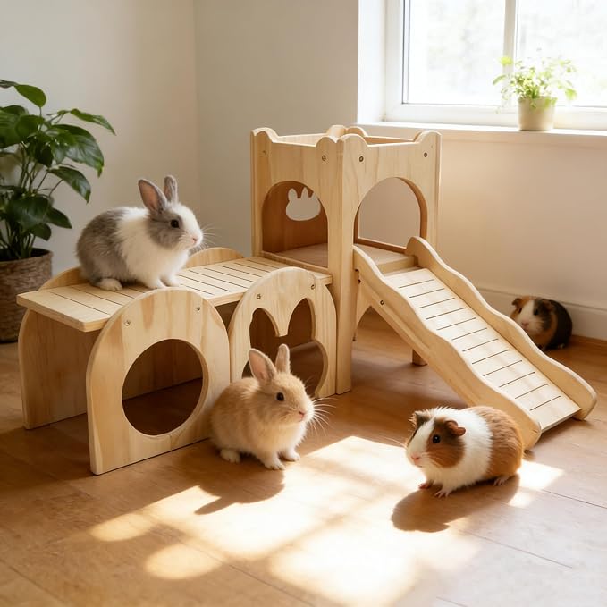 Rabbit Castle Large Guinea Pig Hideout Thicken Solid Wooden Bunny House with Ramp,Rabbit Playhouse for Chinchilla,Hamster,Small Animal Houses & Habitats(Set of 3)