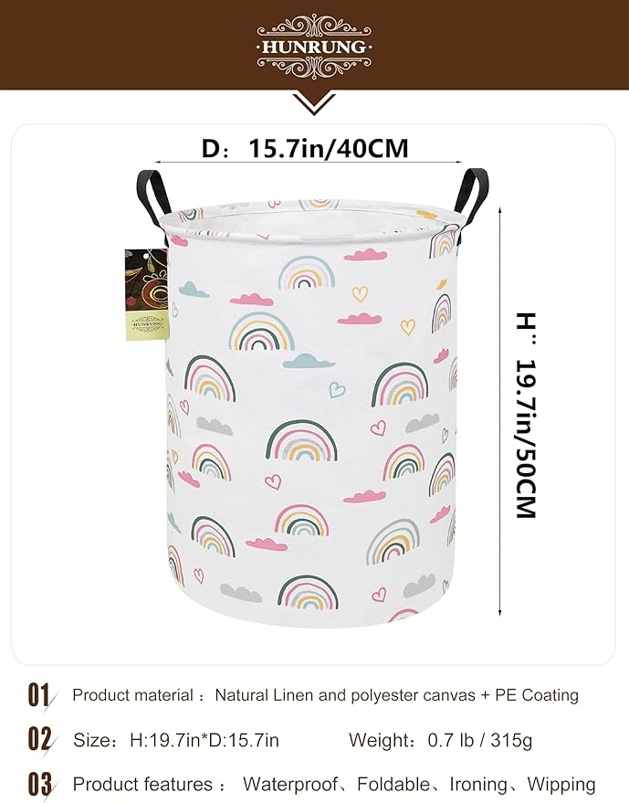 Collapsible Fabric Storage Basket, Waterproof Laundry Hamper with Handles, Round Storage Bin for Clothes Toys, Foldable Organizer for Bedroom Nursery Bathroom(Round-Rainbow)