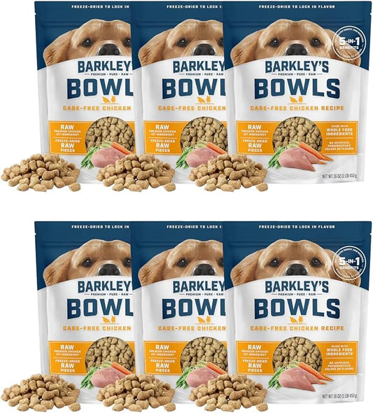 Barkley’s Bowls, Freeze-Dried Raw Chicken Dog Food, Fresh Whole Food Ingredients with Cage-Free Chicken, Grain Free, High Protein for Balanced Nutrition, Dog Treats or Topper, 16 Oz Bag (6 Pack)