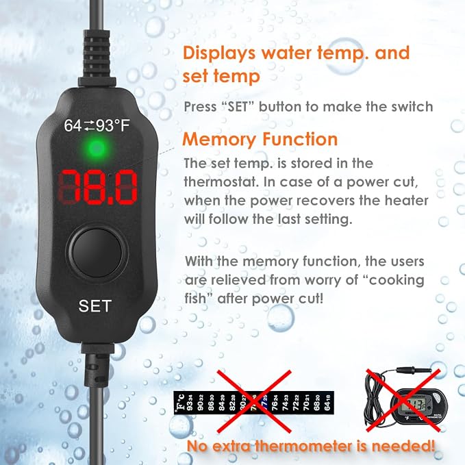 300W Compact Aquarium Heater for 40-60 Gallon Tanks | Submersible Fish Tank Heater with LED Digital Thermostat, Dry-Run & Overheat Protection, Memory Function