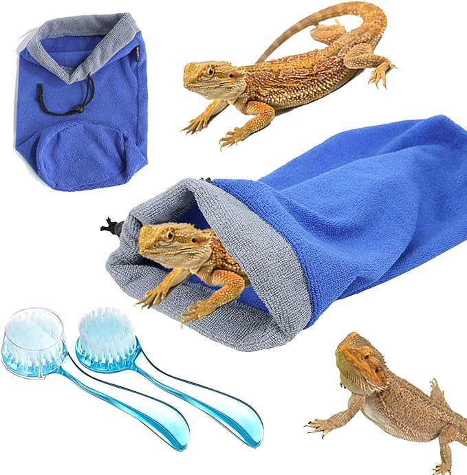 Bearded Dragon Bath Towel Bag with 2Pcs Reptile Bathing Brush, Fast Drying Absorbent Lizard Towel, Bearded Dragon Accessories, Dragon Towel for Gecko/lizard/Leopard Gecko/Bearded Dragon Pool