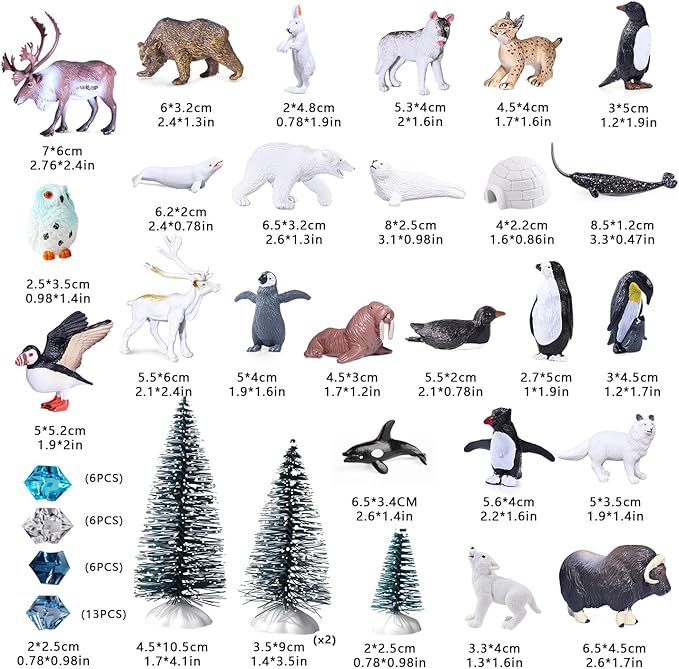 SIENON 60Pcs Arctic Animal Toy Set, Mini Winter Animal Figures with Polar Bear, Penguin, Caribou, Puffin, Lynx, Igloo, Pine Trees, Fake Ice Rocks for School Project Christmas Birthday Cake Decorations