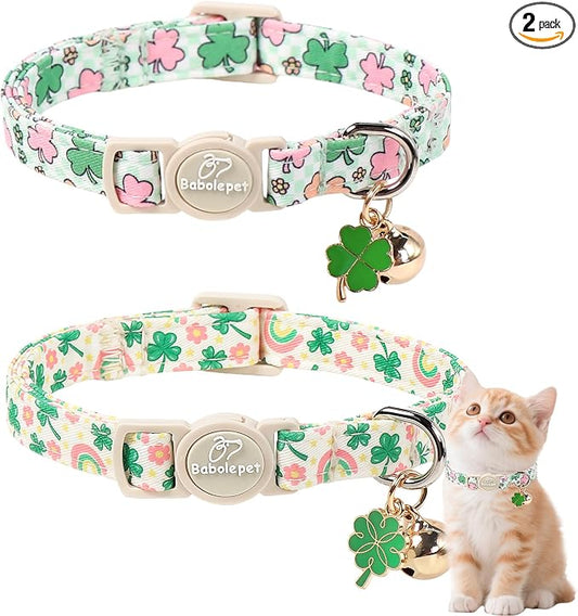 2 Pack St. Patrick’s Day Cat Collars - Breakaway Cat Collar with Bell, Green Lucky Clover Pendant, Adjustable Cute Pastel Rainbow Shamrock Kitten Collars for Boy Girl Cats