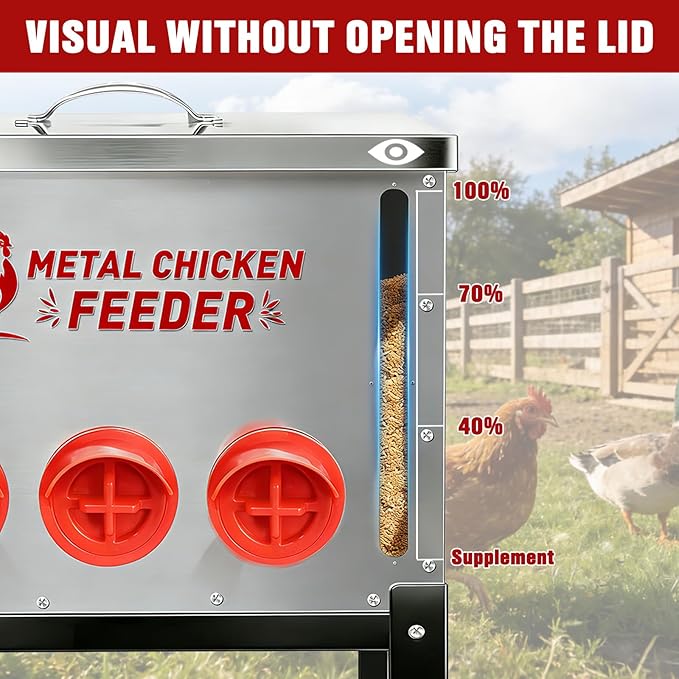Automatic Chicken Feeder 50 LB Large Capacity with Window 9 Feeding Ports & Buckle Lock Lid and Adjustable Height Stand Chicken Feeder for Chickens Geese Ducks & Poultry(Silver)