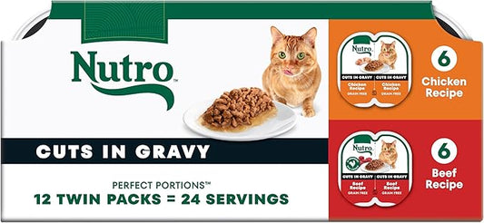 Nutro Perfect Portions Wet Cat Food Cuts in Gravy Multipack, Adult Cat Food Wet Chicken & Beef Recipes, 2.64 oz Twin-Pack Trays (12 Count, Pack of 1)