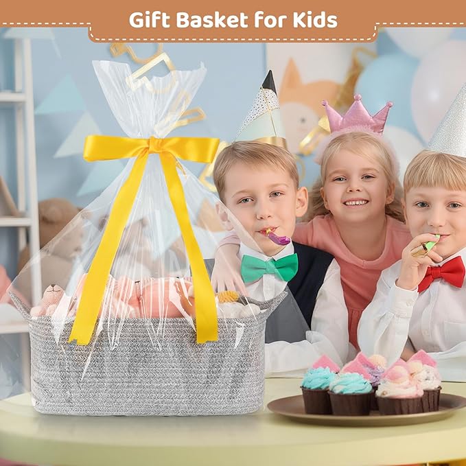 OIASKET Large Empty Gift Baskets for Baby Shower, 16.5" L x 12.6" W x 7" H Cute Woven Storage Basket with Gift Bags and Ribbons, Small Rope Toy Basket with Handles, Cat Dog Pet Toy Organizer - Grey