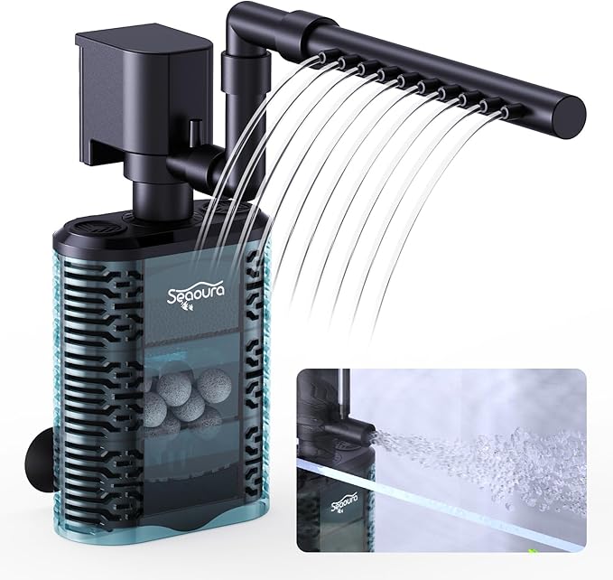 SEAOURA Aquarium Internal Filter，Small Submersible Aquarium Filter ， Aquarium Quiet Electric Filter for 5-15 Gallon Aquariums，Aeration System 100GPH Water Pump