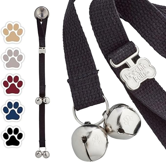 PoochieBells Dog Door Bells for Potty Training, Quick & Easy Puppy Potty Training Method Included, Handcrafted in USA with Loud, Paw-Safe Bells, Durable Cotton Webbing - Black