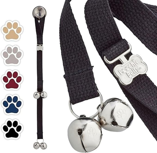 PoochieBells Dog Door Bells for Potty Training, Quick & Easy Puppy Potty Training Method Included, Handcrafted in USA with Loud, Paw-Safe Bells, Durable Cotton Webbing - Black