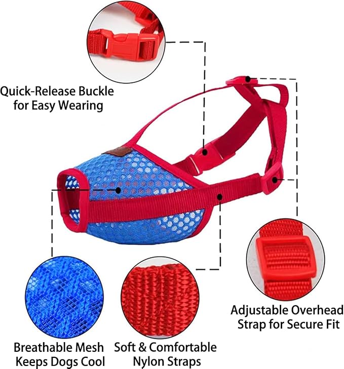 Basket Muzzle for Dogs, Prevents Biting Chewing Barking, Soft Breathable Design with Adjustable Strap, Allows Panting and Drinking, Great for Training Grooming Vet Visits (Red-Blue, Small)