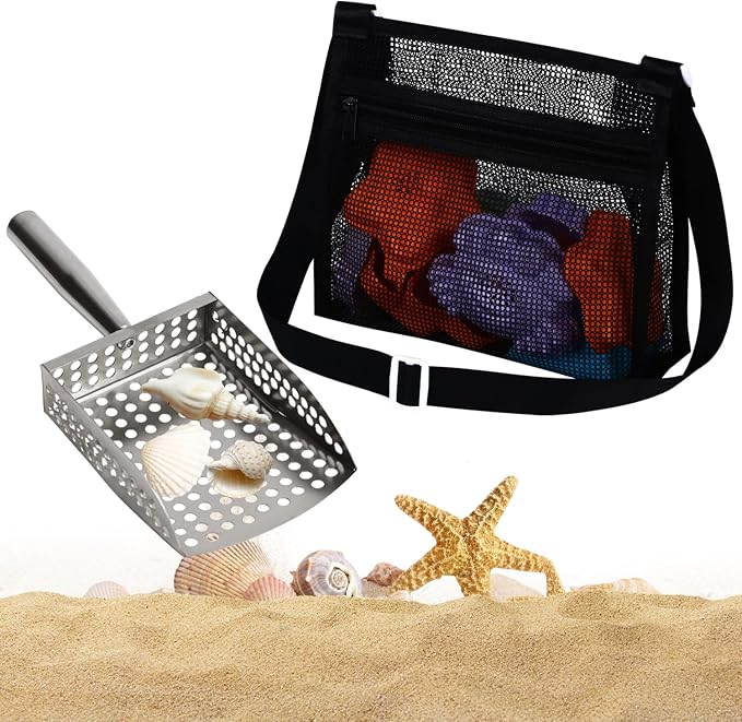 MUYIZI Sand Sifter Shovel with Mesh Beach Bag, Detachable Beach Scoop for Shell Collecting, Shark Teeth Sifter Dipper, Shell Scooper for Beach Multi-Use Sifting Tool Beach Toy for Kids & Adults(Black)