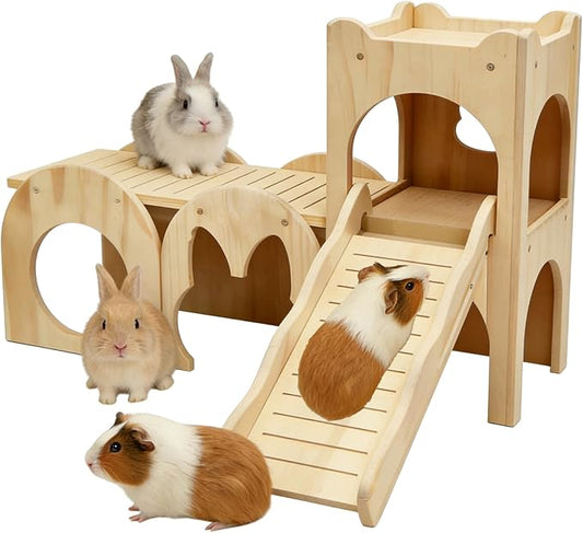 Rabbit Castle Large Guinea Pig Hideout Thicken Solid Wooden Bunny House with Ramp,Rabbit Playhouse for Chinchilla,Hamster,Small Animal Houses & Habitats(Set of 3)