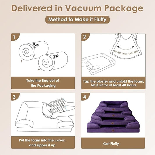 EHEYCIGA Orthopedic Dog Beds for Extra Large Dogs, Waterproof Memory Foam XXL Dog Bed with Sides, Non-Slip Bottom and Egg-Crate Foam Big Pet Couch Bed with Washable Removable Cover, Purple