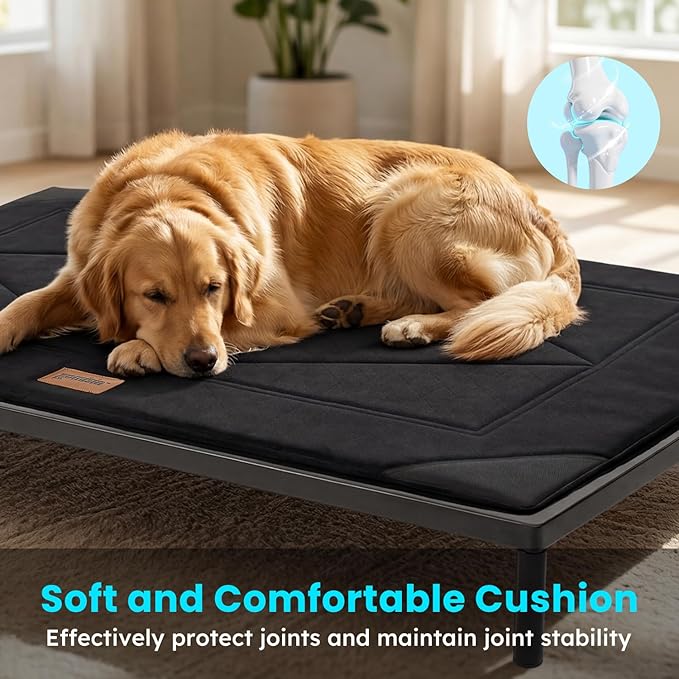 ZOMISIA Chew Proof Elevated Dog Bed for Large Dogs - Raised Pet Cot with Removable Waterproof Padded for Outdoor Use, Indestructible and Washable, 42" L x 27" W x 5" H, Black