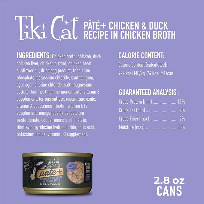 Tiki Cat After Dark Pate+ Wet Cat Food, Chicken & Duck, 2.8 oz. Cans (Pack of 12)