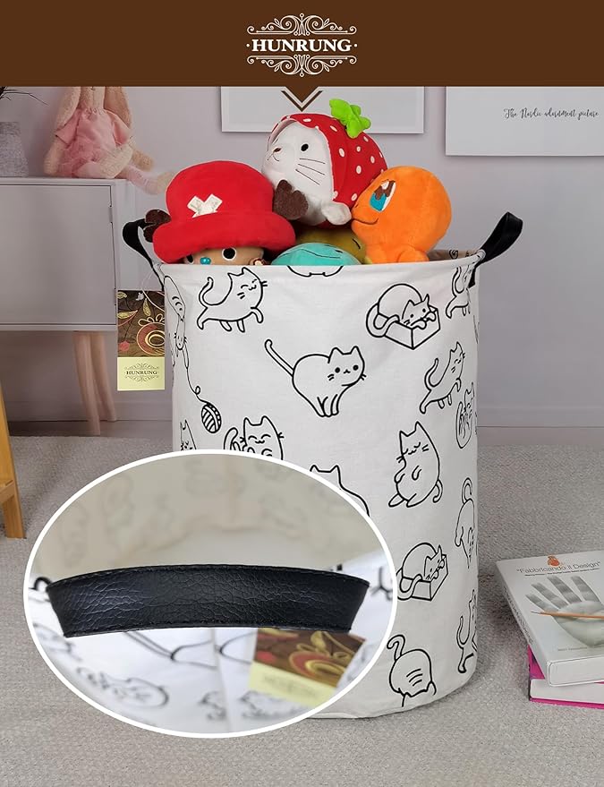 Collapsible Fabric Storage Basket, Waterproof Laundry Hamper with Handles, Round Storage Bin for Clothes Toys, Foldable Organizer for Bedroom Nursery Bathroom(Round-Black cat)