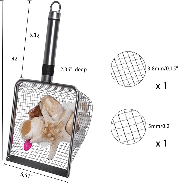 2-Pack Stainless Steel Cat Litter Scoop, 3.8mm Fine Mesh & 5mm Metal Scooper, 5.5-Inch Wide Deep Shovel, Long Handle, Rustproof Cat Poop Scooper for Clumping Litter, Multi-Pet & Beach Sand