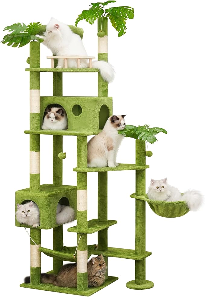 Meecal 77in Large Cat Tower for Heavy Duty Big Cats, Tall Cat Tree with Leaves - Scratching Post, Two Cat Condos, Soft Hammocks, Padded Perches & Dangling Balls, Green