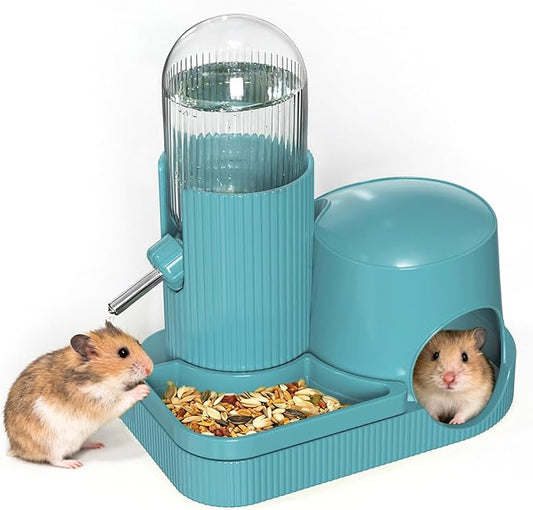 3 in 1 Hamster Water Bottle No Drip Automatic Water Dispenser with Food Bowl Container & Hideout Base Hut for Dwarf Hamster Mouse Rat Gerbils Mice Cage Accessories (Blue)