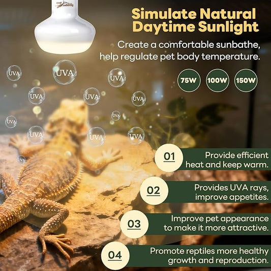 Reptile Heat Lamp, 2 Pack 75W Simulated Natural Sunlight Heat Lamp Bulbs Reptile Warm Light Lamps UVA Daylight Basking Light for Bearded Dragon Chameleon Turtle Snake Gecko Lizard Chicken, White