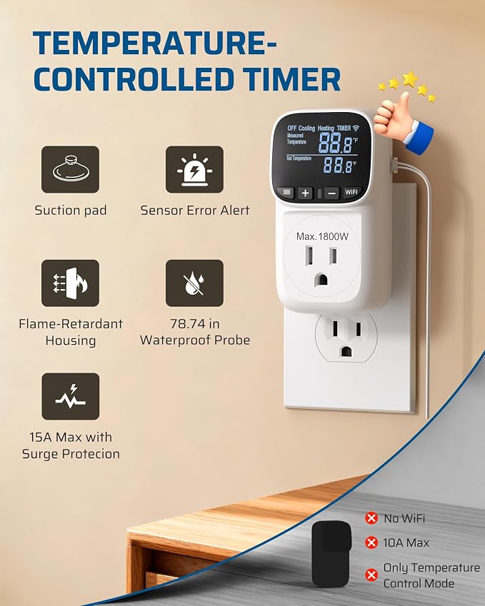 DEWENWILS Smart WiFi Temperature Controller, 15A 1800W Thermostat Controlled Outlet Plug, Bluetooth APP Remote Control, 24 Hour Schedule Timer, for Greenhouses, Incubators, Brewing, Reptiles, Garages