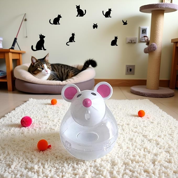 White Interactive Toys for Cats, Cat Food Balls Slow Feeder Mice Shaped Tumbler, Pet Kitten Mouse Shape, Food Storage Dispenser, Feeder, for Indoor and Kitten Exercise