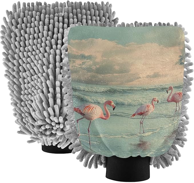 Car Wash Mitt Microfiber Wash Mitts for Car Washing Scratch-Free Cleaning Gloves Soft Non Absorbent Chenille Auto Hand Mitt Medium 2Pack Flamingo in Coastline