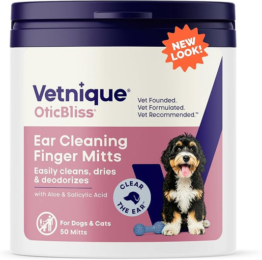 Vetnique Oticbliss Cat & Dog Ear Wipes - Dog Ear Infection Wipes or Dog Ear Cleaner Wipes for Dirty, Waxy, Smelly Ears, Odor Control with Aloe Vera & Salicylic Acid (Fingermitt Ear Wipes (50ct))