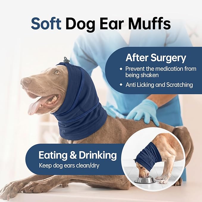 IDOMIK Dog Ear Muffs Noise Protection, Dog Calming Hoodie for Anxiety Relief, Soft Double-Layer No Shake Head Wraps, Quiet Ear Covers for Thunderstorm, Firework, Bath, Grooming & Blow Drying,Blue,XL