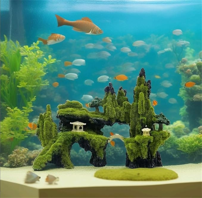Fish Tank Decorations, Aquarium Decor Aquarium Rocks Mountain View, Landscape Aquarium Ornament Rock Resin Decoration Stone with Moss Fish Tank Rocks (L)