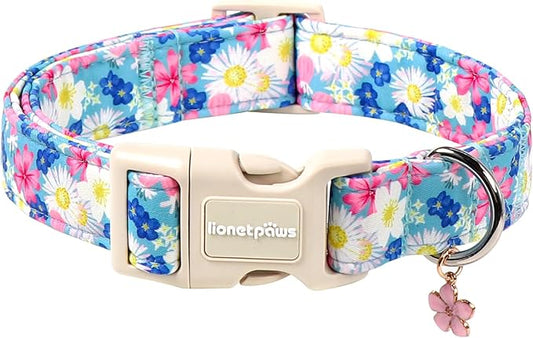 Lionet Paws Floral Dog Collar- Cute Spring Wildflowers Daisy Forget Me Not Dog Collars with Plastic Buckle, Light Adjustable Dog Collars for Small Medium Dogs
