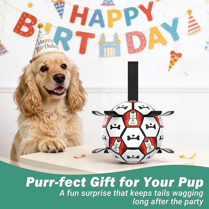 Dog Toy Balls, Dog Soccer Ball with Straps, Interactive World Cup Soccer Ball for Medium Dogs, Water Fetch Toys, Tug-of-War, Herding Ball Toys Outdoor, Dog Birthday Toy, Black (6 Inch)