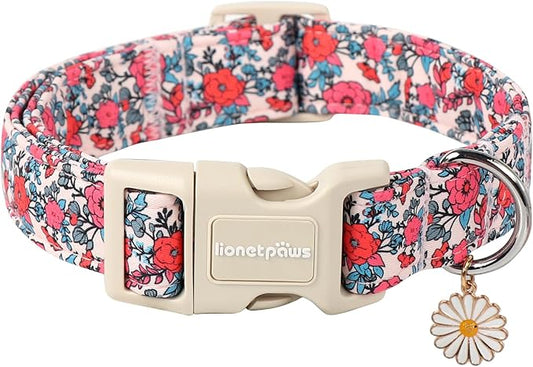 Lionet Paws Floral Dog Collar- Cute Red Pink Flower Dog Collars with Plastic Buckle, Light Adjustable Dog Collars for Small Dogs