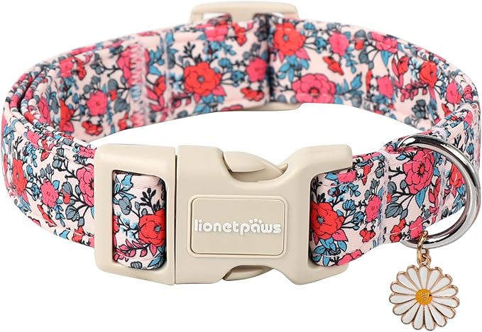 Lionet Paws Floral Dog Collar- Cute Red Pink Flower Dog Collars with Plastic Buckle, Light Adjustable Dog Collars for Small Medium Dogs
