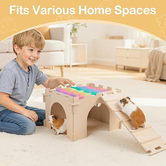 Guinea Pig Hideout, Guinea Pigs House with Stairs and Mats Extra Large Guinea Piggy Castle Detachable Hideouts for Small Animals Wooden Guinea Pig Habitats with Multiple Doors and Windows