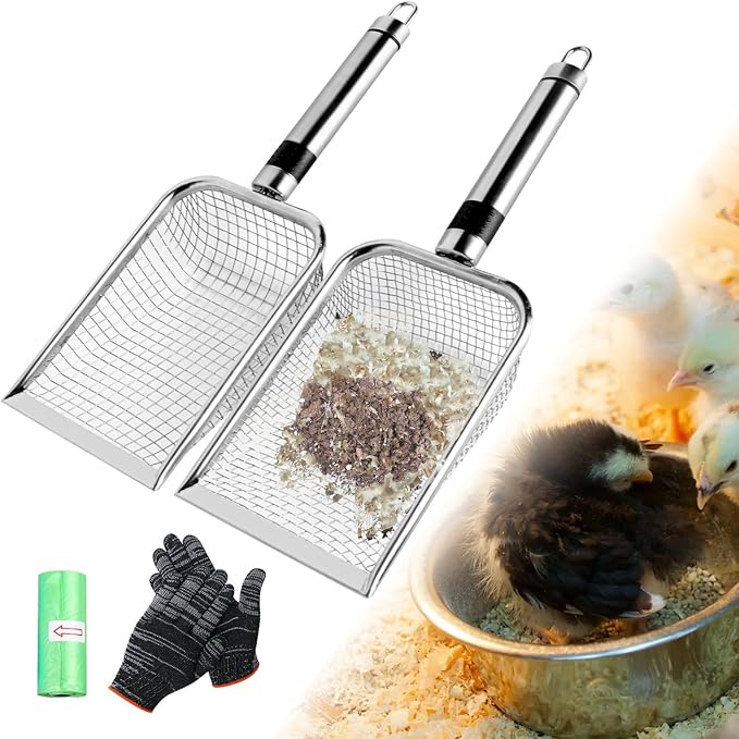 Chicken Poop Scooper for Coop, Coop Rake Scooper Shovel, 2 Pack | 3.8mm & 5mm Mesh, Equipped with Gloves and Garbage Bags, for Sifting Sand, Litte, Stainless Steel