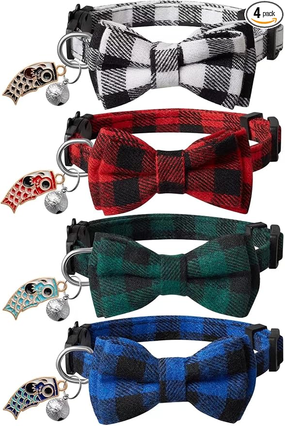 LLHK 4 Pack Small Fish Cat Collars with Bow Tie and Bell,Personalized Breakaway Kitten Collar for Girl boy Cats,Adjustable 7-12inch,Cute for Kitty Kitten Adult Cats,Pet Supplies,Stuff,Accessories