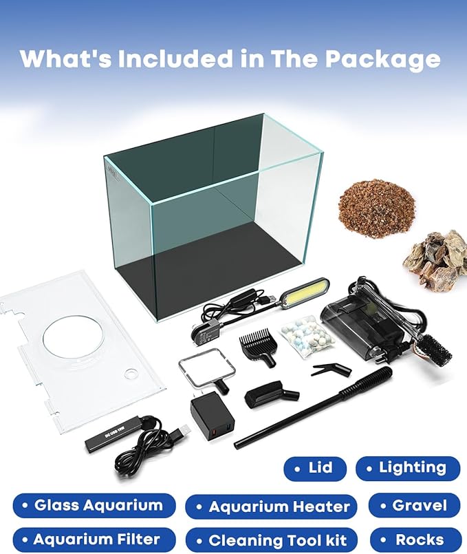 3 Gallon Aquarium Set Small Fish Tank Glass, Starter Kit with Heater Water Pump Cleaning Filter Bright Light Rocks Gravel Cleaning Tool, Leak-Proof Clear Rimless Desktop Spaces Saving Betta Fish