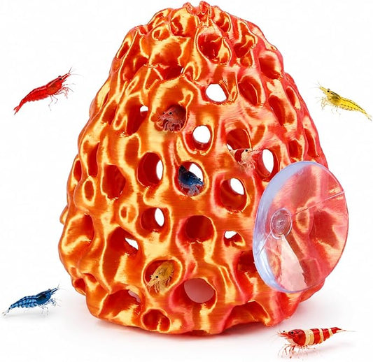 Uniclife Shrimp Cave, Shrimp Hides for Aquarium, Realistic Plastic Aquarium Coral Rock Decorations with Suction Cup, Betta Hideout Tank Accessories for Fish Tank Decor, Red-to-Yellow Gradient
