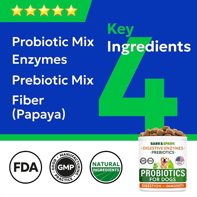 BARK&SPARK Dog Probiotics & Digestive Enzymes (Gut Health) Allergy & Itchy Skin - Pet Diarrhea Gas Treatment Upset Stomach Relief, Digestion Health Prebiotic Supplement Tummy Treat (180Ct Chicken)