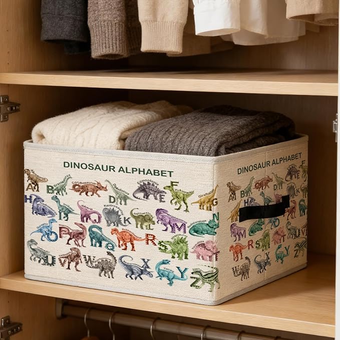 Alphabet Dinosaur Kids Storage Bins, ABC Education Dino Foldable Closet Organizers Storage Basket Toybox for Toddler Playroom Nursery Preschool Classroom Clothes Bed Sheets Blankets Toys