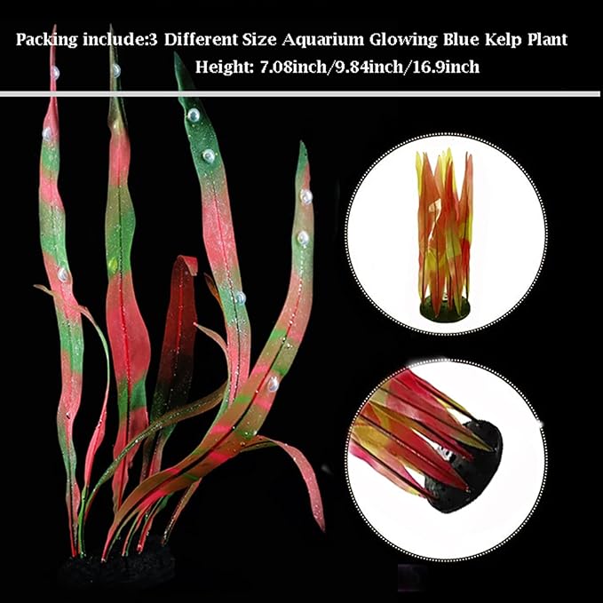 3Pcs Soft Silicone Aquarium Plants Set Glowing Kelp Fish Tank Plants Decor Artificial Red Aquarium Plant Simulation Artificial Water Grass for Fish Tank,7.08in9.84in16.9in