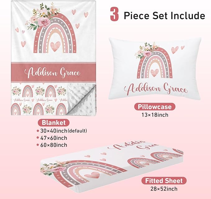 Personalized Crib Bedding Set for Baby Boy Girl, Custom Name Rainbow Design 3 Piece Baby Bedding Set, Including Plush Blanket, Fitted Sheet and Pillowcase for Newborn Nursery Gift