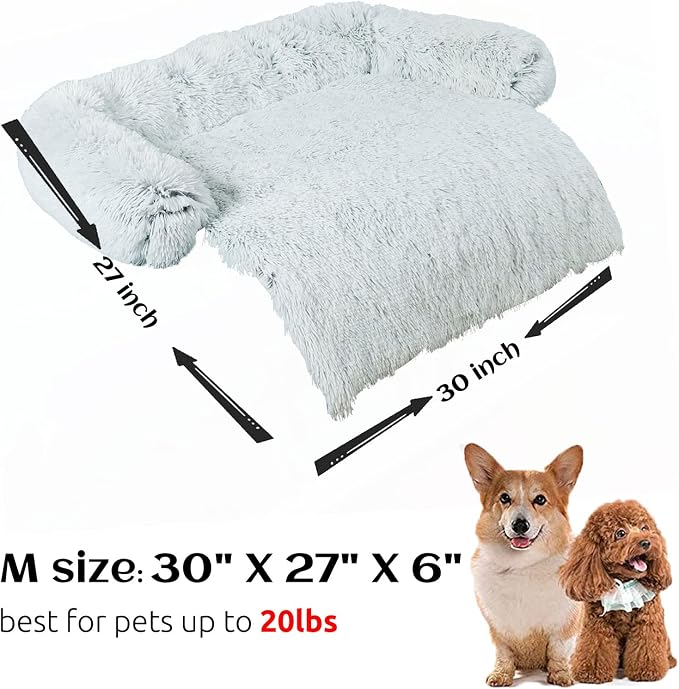 HACHIKITTY Calming Pet Sofa Bed Mat, Washable Fluffy Couch Cover for Dogs and Cats, Anti-Slip Bottom (30"x 27"x 6", Gray)