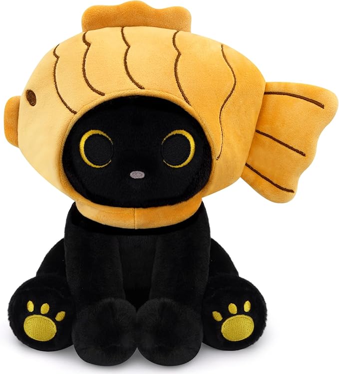 Fish Stuffed Animal Cat Plush, 8inches Black Cat Plush with Brown Taiyaki Hood Removable, Kawaii Stuffed Kitten Doll Toy Cute Plushies for Girls Kids Boys，Christmas Birthday Gifts