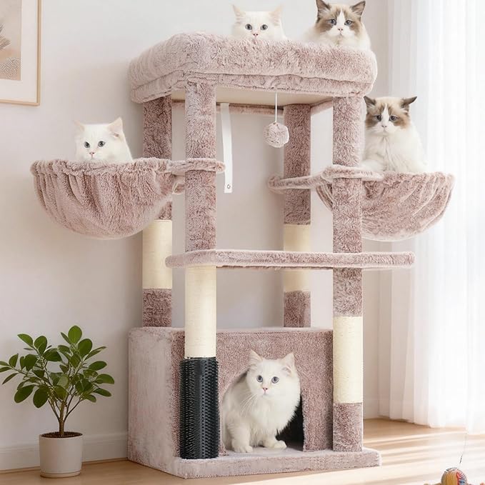 Hey-brother Cat Tree Tower with Extra Large Platform, Spacious Condo, 2 Cozy Hammocks, Self-Grooming Brush, Sisal Scratching Posts for Big Indoor Adult, Maine Coon, 35.4 Inches, Muchroom MPJ060MU