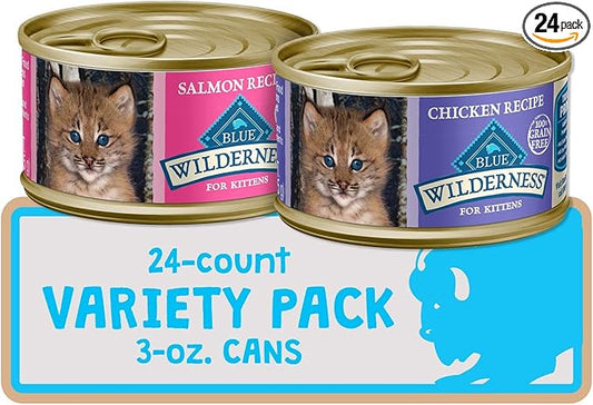 Blue Buffalo Wilderness High Protein Grain Free, Natural Kitten Pate Wet Cat Food Variety Pack, Chicken, Salmon, 3-oz Can, 24 Count