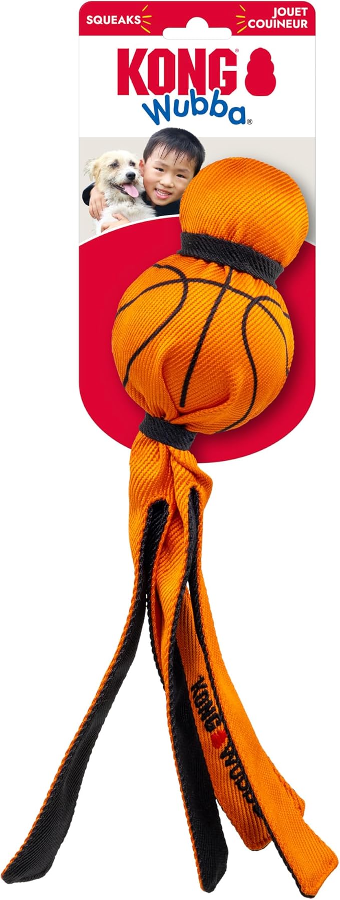 KONG Wubba Sport Dog Toy – Reinforced Tug & Toss Toy with Squeaker and Floppy Tails for Fetch & Interactive Play (Basketball, Large)