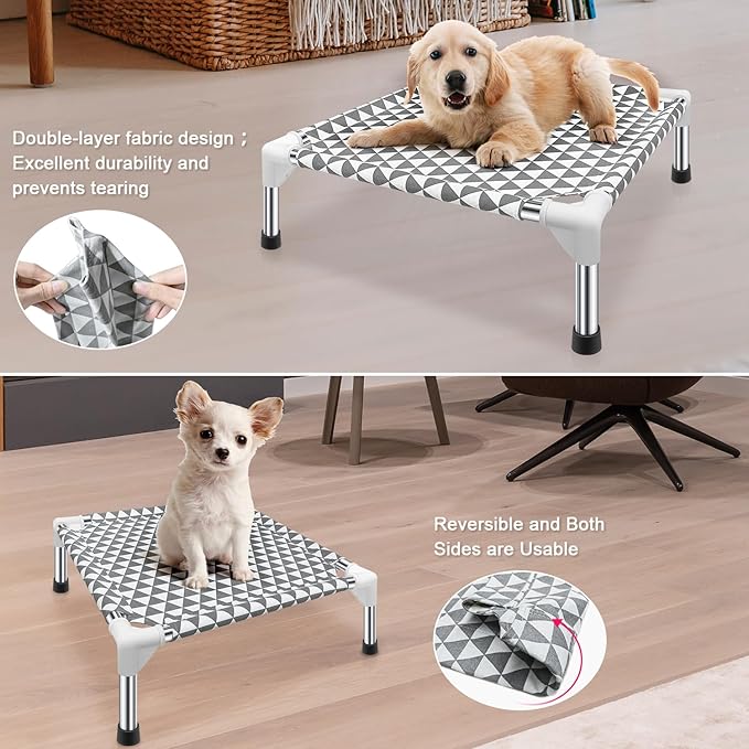 Kuntrust Elevated Outdoor Dog Bed Updated Raised Pet Cot Cooling Puppy Bed Lifted Dog Bed for Small Pets|Indoor Detachable Raised Dog Bed with Non-Slip Feet,Double-layer Cloth(S)
