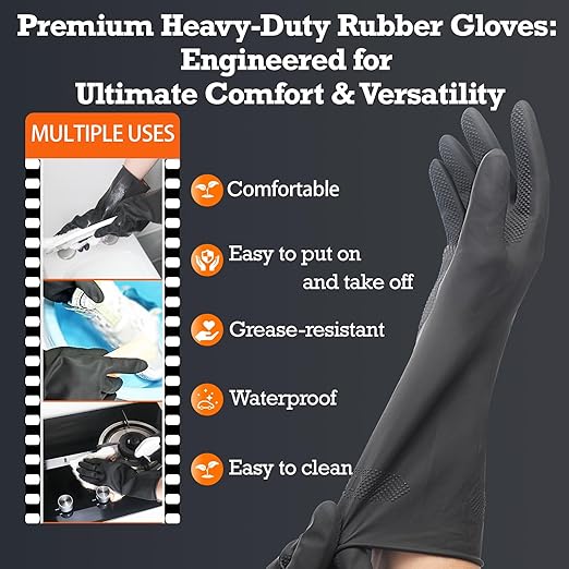 Thick Rubber Cleaning Gloves - 3 Pairs Black Rubber Gloves for Dishwashing Medium, Non-Slip Kitchen Gloves for Washing Dishes, Reusable Cleaning Gloves, Waterproof, Heavy-Duty (3P,M)